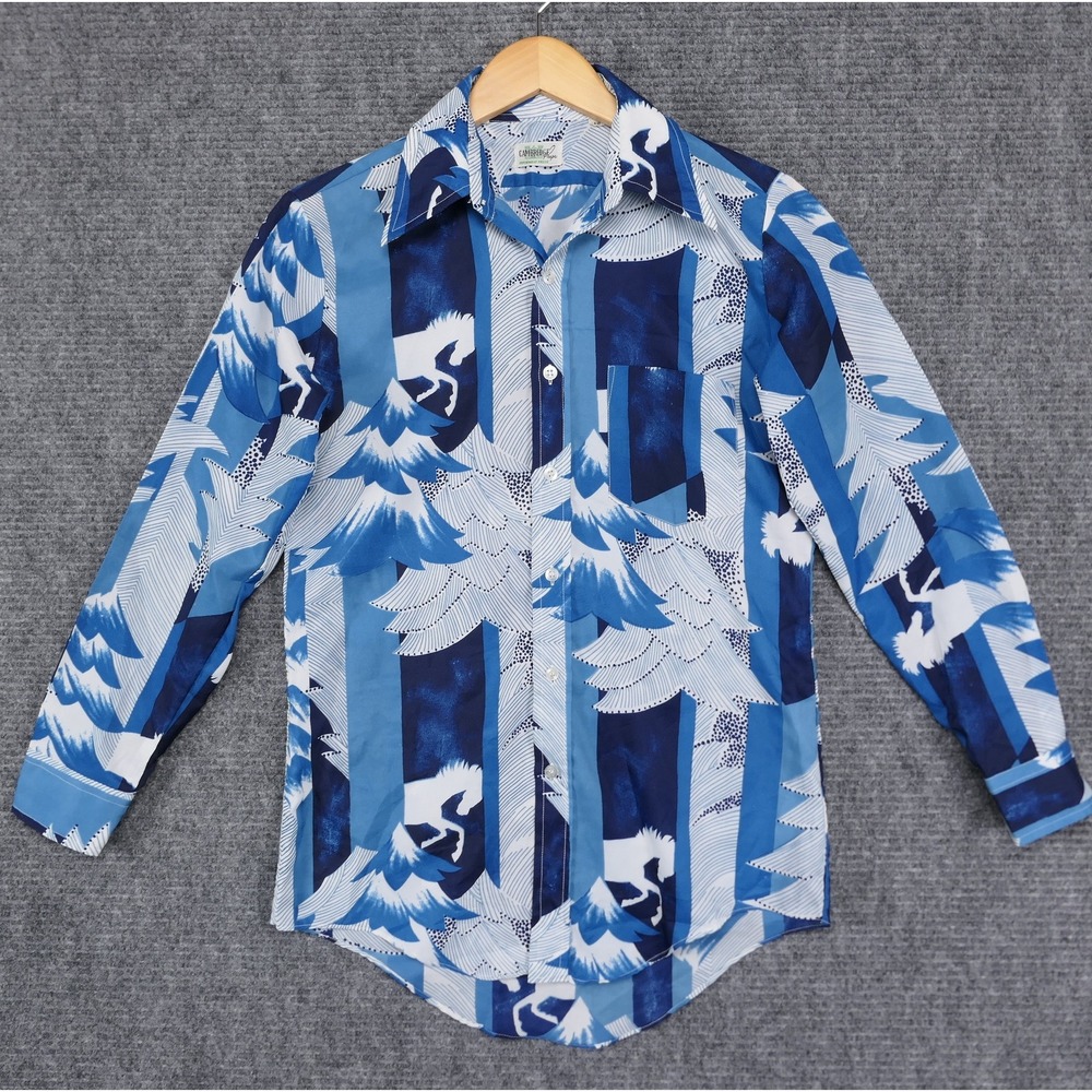 Vintage 70s Cambridge Preps Disco Shirt Horse Mountains Snow AOP Blue Mens XS